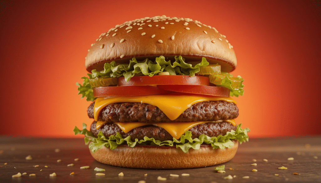 A double beef patty burger with cheddar cheese, lettuce, tomato, pickles, and sesame seed bun – gradient background of warm red to orange.
